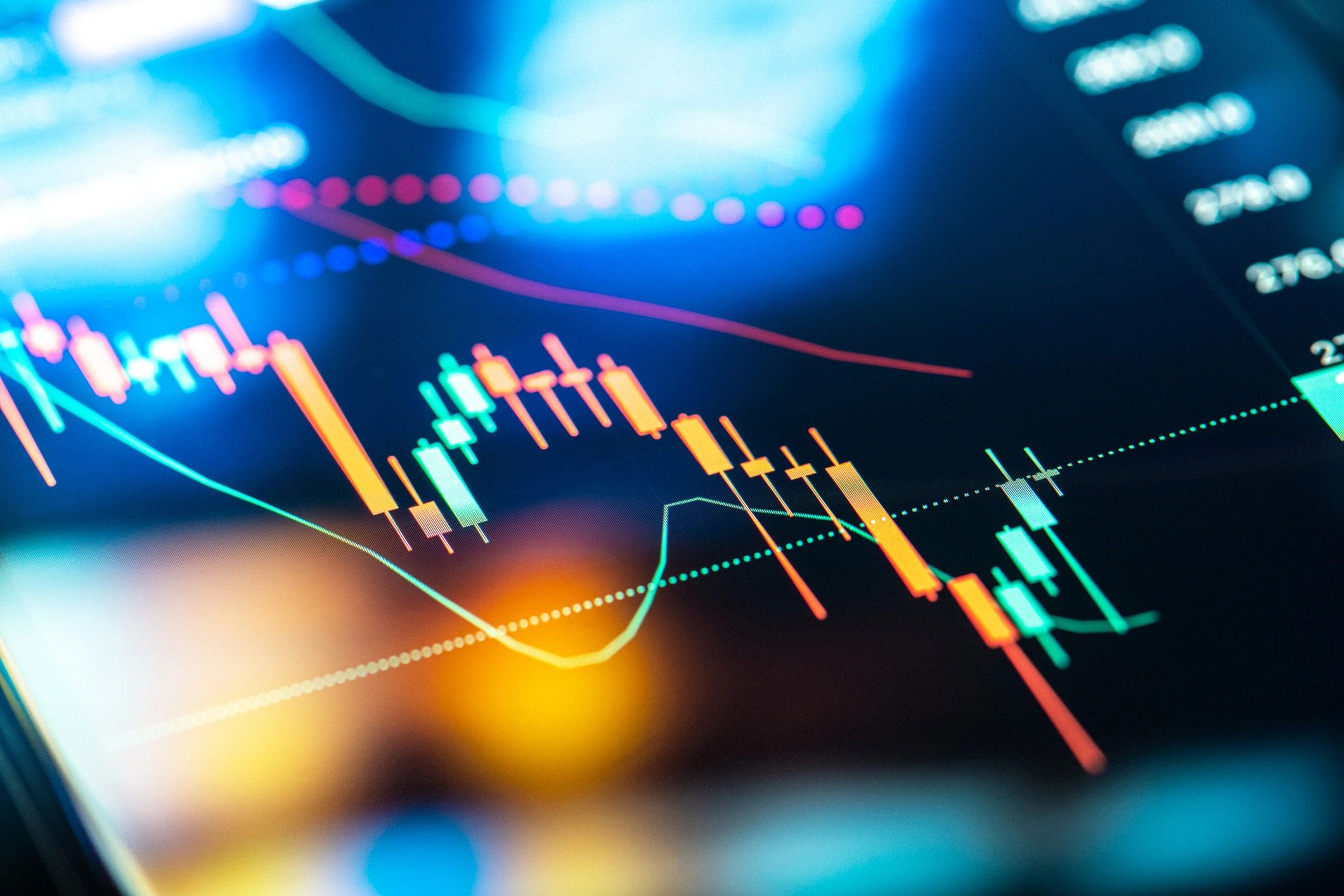 Market candlestick chart and indicators on a dark trading screen