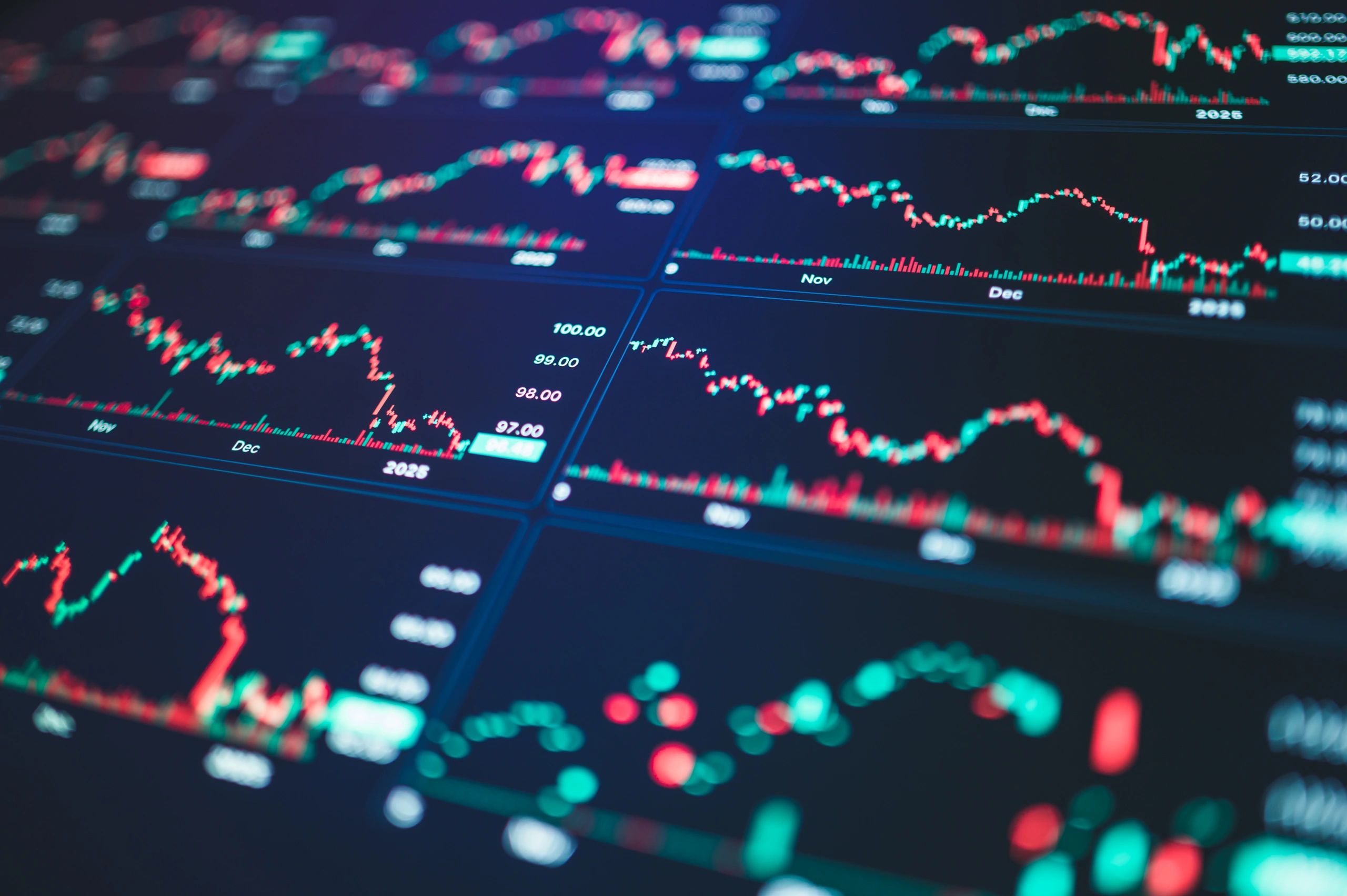 Dark trading terminal screen with glowing red and green charts