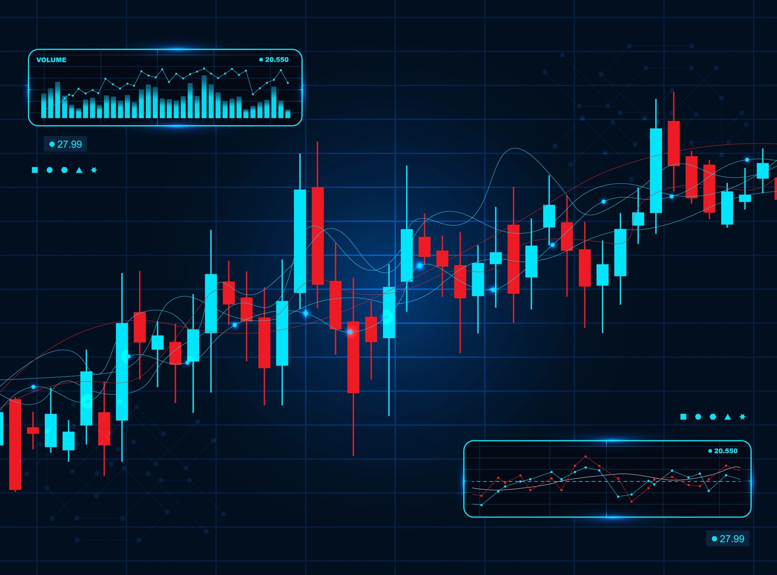 Japanese candlestick chart on a dark grid with blue and red candles